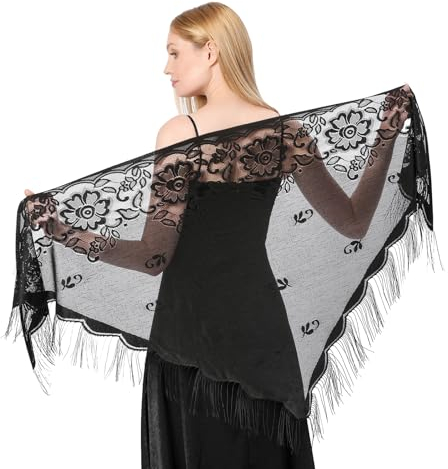 simarro Dreieck Spitze Stola, Umhang Spitzenschal Umhang Schal mit Quasten Mesh Schals Stola Damen für Hochzeit Abend Party Braut(Schwarz)