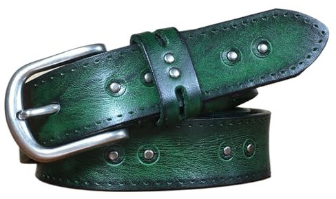 WRJAHCG Taillengürtel Damen Schmal, Damen-Gürtel Nietengürtel Verstellbarer Vintage Lässiger Echtledergürtel mit Legierung Dornschließegürtel, 2.8CM,Grün,90CM/35.43''