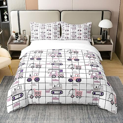 Loussiesd BAU Bettwäsche Set 135x200cm 100% Baumwolle für Mädchen Jungen Cartoon Auto Bagger Traktor Bettbezug Set Ausrüstung LKW Betten Set Plaid Rosa Lila Bettwäsche-Set 2Stück