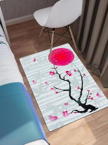 OHAGS Alfombra de Baño Antideslizante,Ducha Microfibra Suave,Fondo de Flor de Cerezo de Japón con bambú,Alfombrillas Lavable en la Lavadora,Súper Absorbente,60x90 CM