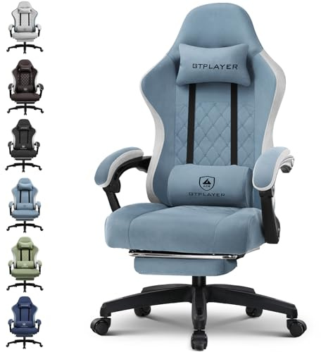 GTPLAYER Tygspelstol med fotstöd, ergonomisk datorskrivbordsstol med fickfjäderkudde hemmakontor högt ryggstöd korsryggsstöd kraftig bred