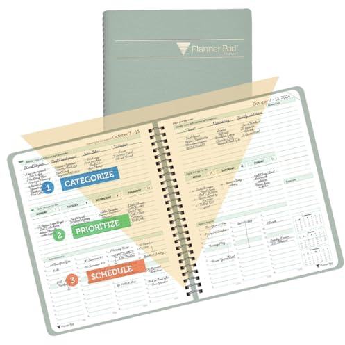 Planner Pad Organizador de 12 meses con embudo de 3 niveles encuadernado en espiral, octubre de 2024 a septiembre de 2025, cubierta gris verdoso/tinta verde suave, 6 3/4 x 8 1/2 pulgadas