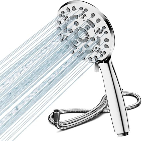 Cobbe Duschkopf mit Schlauch, Hochdruck Druckerhöhend mit 8 Strahlarten, Handbrause Wassersparend, Großem Regendusche Duschbrause(Chrom)