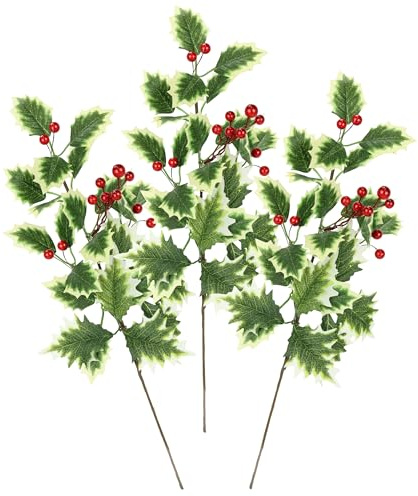 Künstlicher Ilexzweig mit Beeren 47cm 3er Set Beerenzweig Deko Zweig Dekozweig AST Blumen Äste für Adventskränze Kränze Girlanden Bodenvase Weihnachtsdeko Floristik Kunstblume Kunstzweig, 47 cm