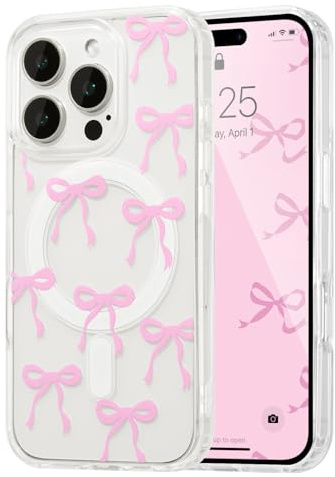 UEEBAI Bow Case for iPhone 15 Pro Max with Magsafe, Clear Pink | Built-in Magnets, Cute Slim Clear Aesthetic Pattern Pretty Phone Case for Women Girl Kid, Anti-Yellowing Translucent Cover