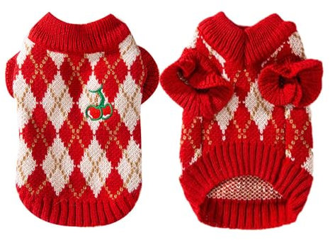 FANSU Hundepullover Kleine Hunde, Weihnachtstag Hunde Pullover Waschbar Hundepulli, Strick Pullover Hunde Shirt Wärme Hunde Pullis Strickpullover für Corgi Dackel (XL,Rote Kirsche)