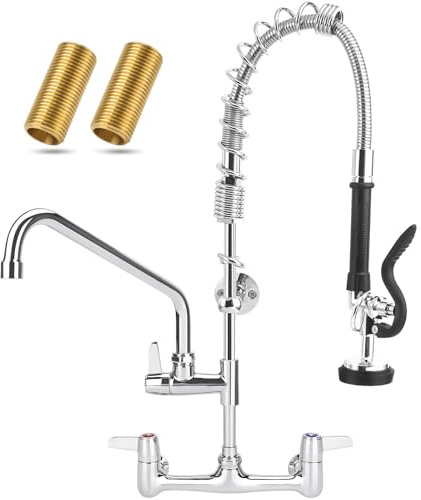 BZIMAK Commercial Faucet with Sprayer, 25 Inch Height Commercial Sink Faucet Wall Mount with 8 Adjustable Center and 12 Add-on Swing Spout & Pull Down Pre Rinse Sprayer
