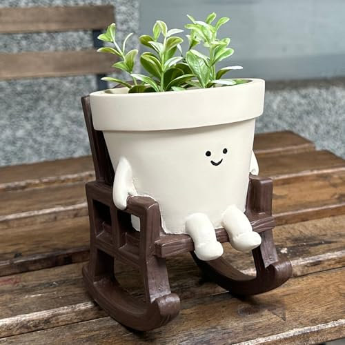 Cute Rocking Chair Plant Pots Large Smily Face Planter Pot Resin Flower Head Planters for Indoor Outdoor Plants Unique Sit Swing Succulent Pot with Drainage Hole Gift for Mother's Day Appreciation