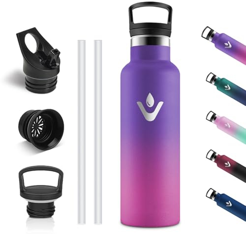 Vikastar Borraccia in acciaio inox, thermos da 500 ml, senza BPA, thermos con cannuccia, per scuola, sport, bicicletta, campeggio, viola profondo e rosa