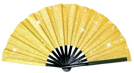 baotongle Große Glitzer Faltbare Seide Hand Fächer Chinesischer Tai Chi Faltender Handfächer Nylon Tuch Chinesischer Kung Fu Fan mit Halter Ärmel für Performance Tanz Dekorationen (1, Gold)