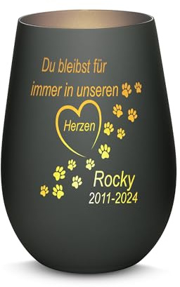 Gravur-Max Haustier Trauerlicht mit Gravur Du bleibst für Immer in unseren Herzen mit Wunschname und Pfoten mit Einer hochwertigen Lasergravur in der Farbe Schwarz/Silber