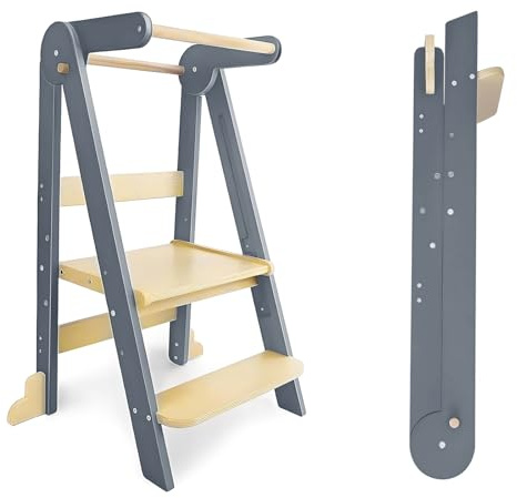 kamulouk Lernturm - für Kinder ab 1 Jahr, Kinder Lernturm, faltbarer Kleinkind Küchenturm, zusammenklappbarer Kleinkind Stehturm, Montessori Küchenhocker Grau