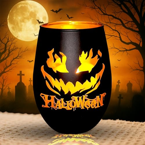 Halloween Windlicht aus Glas mit Gravur – Stimmungsvolles Teelichthalter für Halloween Deko, Kürbis Tischdeko & Party Geschenkidee