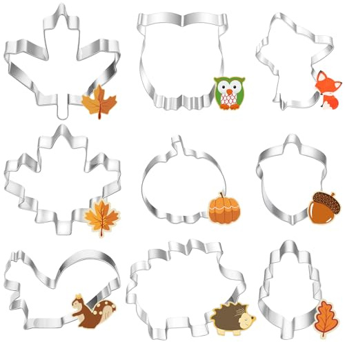 Ausstechformen Herbst, Edelstahl Plätzchenausstecher Waldtieren | 9 Stück Erntedankfest Ausstecher Set, Blätter Keksausstecher, Kürbis Cookie Cutter Geschenke für Kinder Backen Fondant Torten