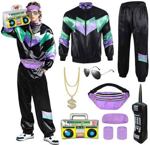 80s 90s Fancy Dress Men with Accessories, Retro 80s 90s Hip Hop Outfit for Adults, 80s Fancy Dress Set with 1 Sportswear Pant Necklace Balloon Radio Glasses Waist Bag Headband, 80s Party Carnival-M