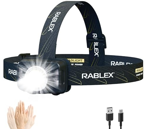 Rablex RB657 LED-Stirnlampe, 330 Lumen Wiederaufladbare LED Kopflampe mit 6 Lichtmodi, Rotlicht & Sensor USB-Aufladung, IPX6 Wasserdicht Leicht & Kompakt, Ideal für Camping, Wandern [Energieklasse A+]