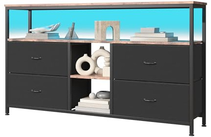 Générique Meuble TV,Éclairage LED RGB avec Couleur Réglable,Meuble Tele AVCE 4 Tiroirs en PU Tissu, Plateau en Bois, Structure en Métal,Convient pour Salon ou Chambre