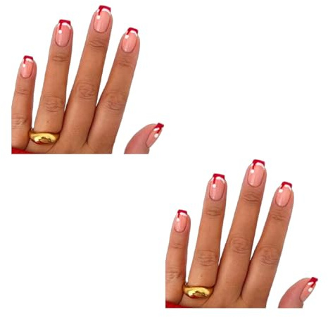 Lot de 24 faux ongles courts de Noël à presser pour chapeau de Noël avec pointe française - 24 bâtons courts pour faux ongles