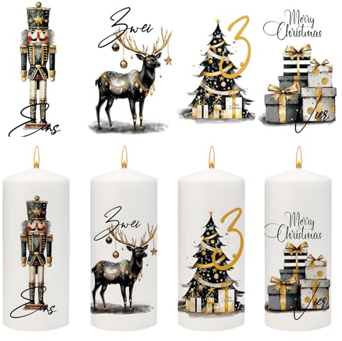 Joxessaien Advent Kerzen Tattoo 6-8cm | Adventskalender Zahlen & Nussknacker Hirsch | Weihnachts Kerzenaufkleber Stumpenkerze Schwarz Gold