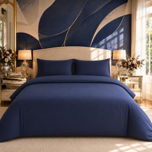 Juego de Cama 4 Piezas BOSALONI Home con Funda Nórdica 220x230 cm, Sábana Bajera Ajustable 160x200+35 cm y 2 Fundas de Almohada 50x80 cm, Microfibra Suave y Transpirable, Azul Marino