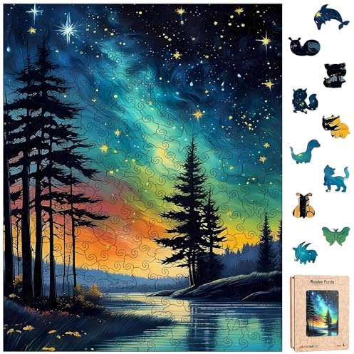 Holzpuzzle Erwachsene, Nordlicht Holz Puzzle Erwachsene, Unregelmäßige Einzigartige Tierform Aurora Landschaft Wooden Puzzle Holz Erwachsene als Geschenk und Decor (36 x 28,5 cm, 270 Teile)
