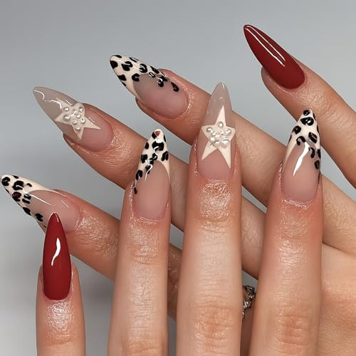 Elegant Leopard Print French Tip Press On Nails With 3D Star Pearl Embellishments - 24PCS Short Almond Coffin Stiletto Full Cover Handmade False Nails For Women And Girls Autumn Christmas Party Wear