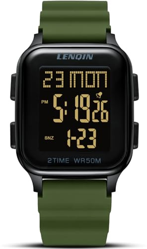 LN LENQIN Orologio Uomo Digitale Sportivo Impermeabile | Cinturino gomma 245 mm, cassa resina 40 mm, spessore 12 mm, LED, cronometro, allarme, 5 ATM, 12/24 ore