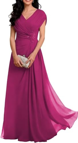 Vestido largo plisado de gasa con cuello en V para mujer, para invitada de boda, fucsia, 50 Grande