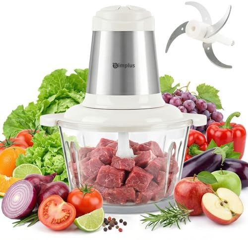 SIMPLUS Elektrischer Universalzerkleinerer 1,8L mit Glasbehälter, 4-flügelige Edelstahlklingen, 2 Geschwindigkeiten, 300W Hochleistungsmotor, Küchen Zerkleinerer für Fleisch Gemüse Obst Nüsse