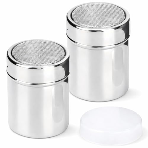 2PCS Flour Sugar Salt Shaker - Fine Mesh Flour Duster - Stainless Steel Powder Shaker for Baking Cooking Icing Cocoa Coffee - Kitchen Sifter Tool - Silver