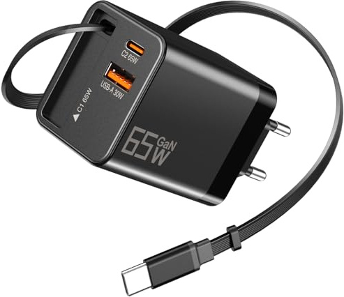 USB C Ladegerät 65W Einziehbares Ladekabel GaN Netzteil mit Ladekabel 3-Port, Retractable Charger, Schnellladegerät für Reise für MacBook Pro/Air, Galaxy S-A Serie, für iPhone 16-8 Serie, iPad, Handys