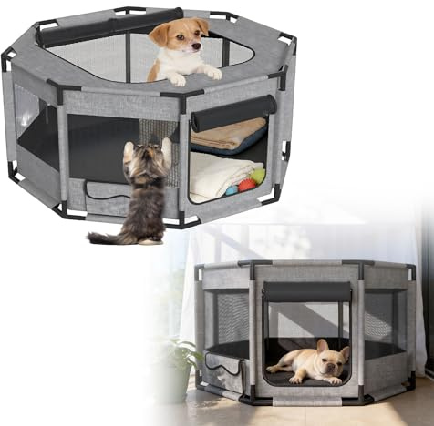 UISEBRT Welpenauslauf Freilaufgehege,Welpengehege aus Oxford-Gewebe,atmungsaktives Netz mit Reißverschluss & Seitentasche,Laufstall Laufgitter Indoor für Hunde Katzen,113.5x113.5x60cm Achteckig