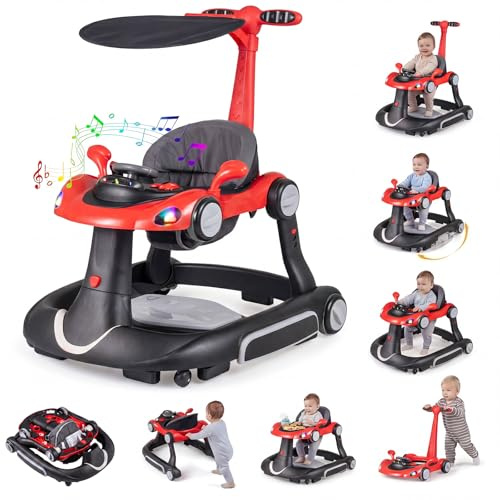 COSTWAY 7 in 1 Lauflernhilfe mit Verdeck, Baby Walker ab 6 Monaten (Rot) | Lauflerwagen klappbar mit einstellbarer Höhe & Geschwindigkeit, Gehfrei Baby mit Spielboard, Musik, Licht & Rädern