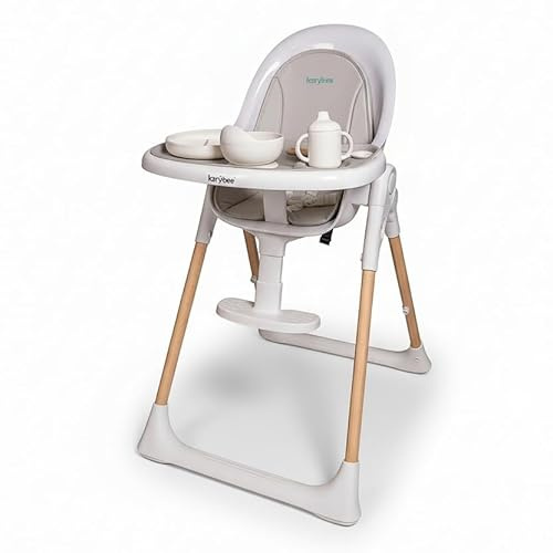 Karybee Baby Hochstuhl klappbar mit Holzbeinen & Silikon-Tablett + Fütterset – Kinderhochstuhl mit Fußstütze, BPA-freies Silikon, ab 6–36 Monate (bis 15 kg), platzsparend