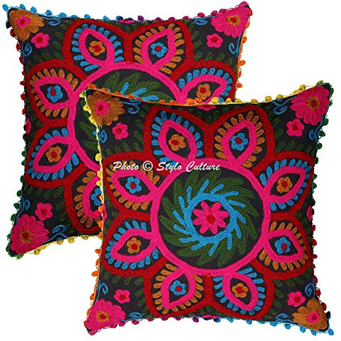 Stylo Culture Boho Forros para Cojines Decorativos 40x40 cm Algodón Floral Fundas De Almohadones Sofa Negro 16x16 Inch Pompón Bordado Suzani Cuadrado Cremallera Fundas Almohadones para Sillas - 2 Pcs