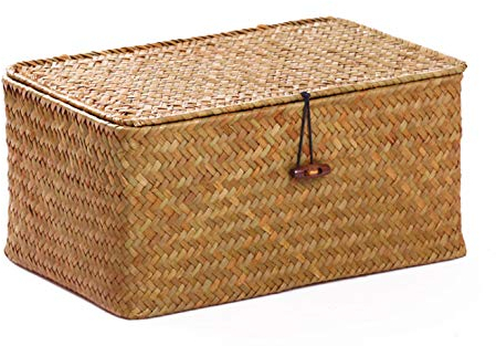 Rattankorb Aufbewahrungskorb aus Seegras mit Deckel Natürliches Material (Klein 26cmx14cmx11cm H)