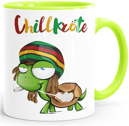 MoonWorks® Kaffee-Tasse Chillkröte Schildkröte Rastafrisur Joint Comic Stil Kaffeetasse Fun-Tasse Hellgruen Keramik-Tasse