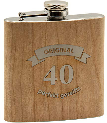 Spruchreif · Flachmann aus Edelstahl mit Gravur · perfekte Geschenkidee für Männer zum Geburtstag und Jubiläum · Flachmann aus Holz (Original 40 - perfekt gereift)