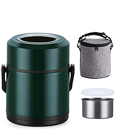 SJASD Isolierbehälter Box, Thermo Lunchbox mit Lunchtasche, Auslaufsicherer Thermos-Lebensmittelbehälter aus Edelstahl, Thermo Speisebehälter Bento Boxen für Schulbüro-Picknick-Reisen,Grün,1.3L