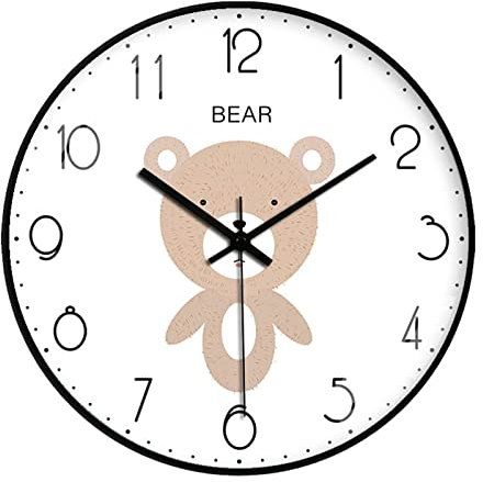 RAILONCH 25 cm Runde Wanduhr Kinder Weiß ohne Ticken Lernen Wanduhr Löwe, Fuchs, Bär, Eule Kinderwanduhr Für Junge und Mädchen, Kinderzimmer Klassenzimmer (Schwarz,4)