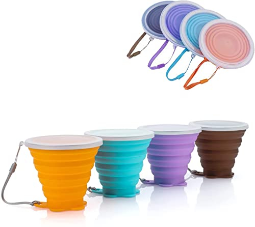 ddLUCK Lot de 4 tasses pliables en silicone sans BPA avec couvercle d'étanchéité en plastique et réutilisables pour pique-nique, camping, randonnée en plein air (Multicolore)