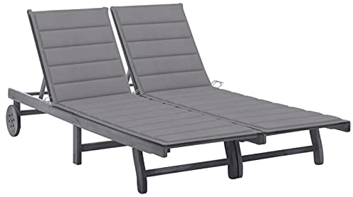 Gecheer 2-Personen Sonnenliege, Doppelliege Gartenliege Sonnenliege Holzliege Saunaliege Strandliege mit Auflage & 2 Rädern, Grau Akazie Massivholz