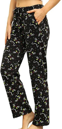 MIA LUCCE Dam pyjamasbyxor lång-sött tryck pyjamasbyxor för kvinnor, Svart katt, XL