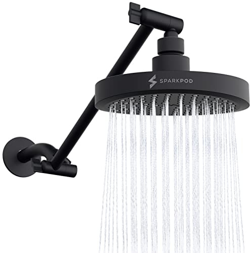 SparkPod Round Rain Shower Head with Extension Arm - Height Adjustable Shower Head with High Pressure Performance - Easy 1-Minute Installation (11 Arm Extension, Midnight Black Matte)