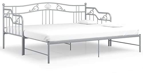 Hommdiy Ausziehsofa Bettgestell Ausziehbett Sofabett Tagesbett Schlafsofa Gästebett Bett Metallbett Bettsofa Sofa Couch Grau Metall 90x200 cm