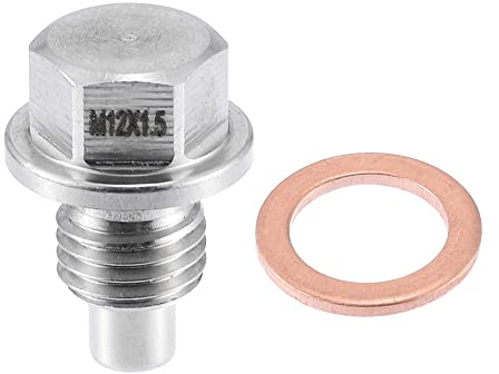 A ABSOPRO Magnetischer Ölablassstopfen M12x1,5 Für BMW E90 1pc | Edelstahl, Länge 28mm, Kopflänge 16mm, Für BMW E92 E93 E46 E39, Magnetisch, Mit Kupferscheibe, Silber Ton