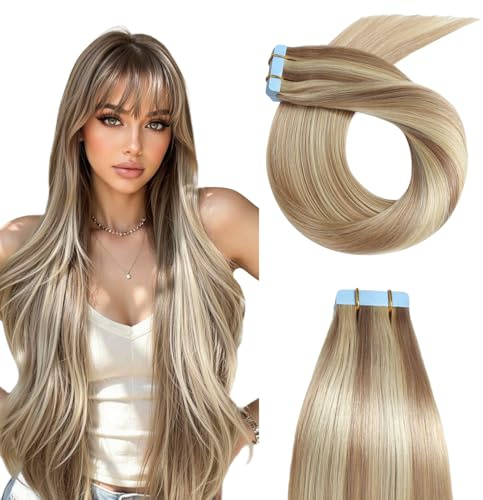 Sunya Tape in Extensions Echthaar Aschblond Highlight mit Bleichblond 50cm | Invisible Tapes Echt Haar Extension Natural Glatt Gerade Skin Weft #P18/613 50g/pack 20 Stück