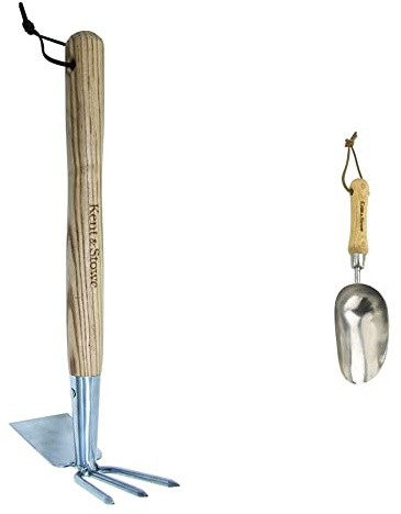 Kent & Stowe Doppelhacke – Gartenhacke aus Edelstahl, zum Belüften von Böden, 37 cm & Pflanzschaufel – Blumen-Kelle aus Edelstahl zum Einpflanzen und Umpflanzen, 33 cm