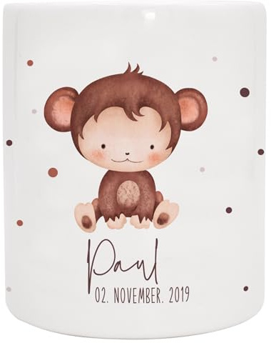 Spardose personalisiert mit Namen & Datum | Tierkind AFFE | Keramik Sparbüchse, optionales Datum, beidseitig bedruckt, Gummistopfen an der Unterseite, 95 x 80 mm, Geschenk für Kinder