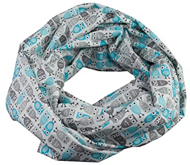 bettina bruder - Damen-Loop Schlauchschal Eulen weiß türkis grau ca. 25 cm x 140 cm UNISEX - 100% Baumwolle